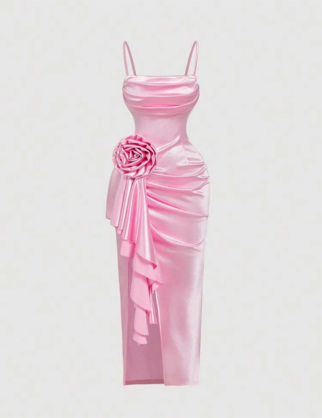 Pink Satin Ruched Dress with Rose Detail
