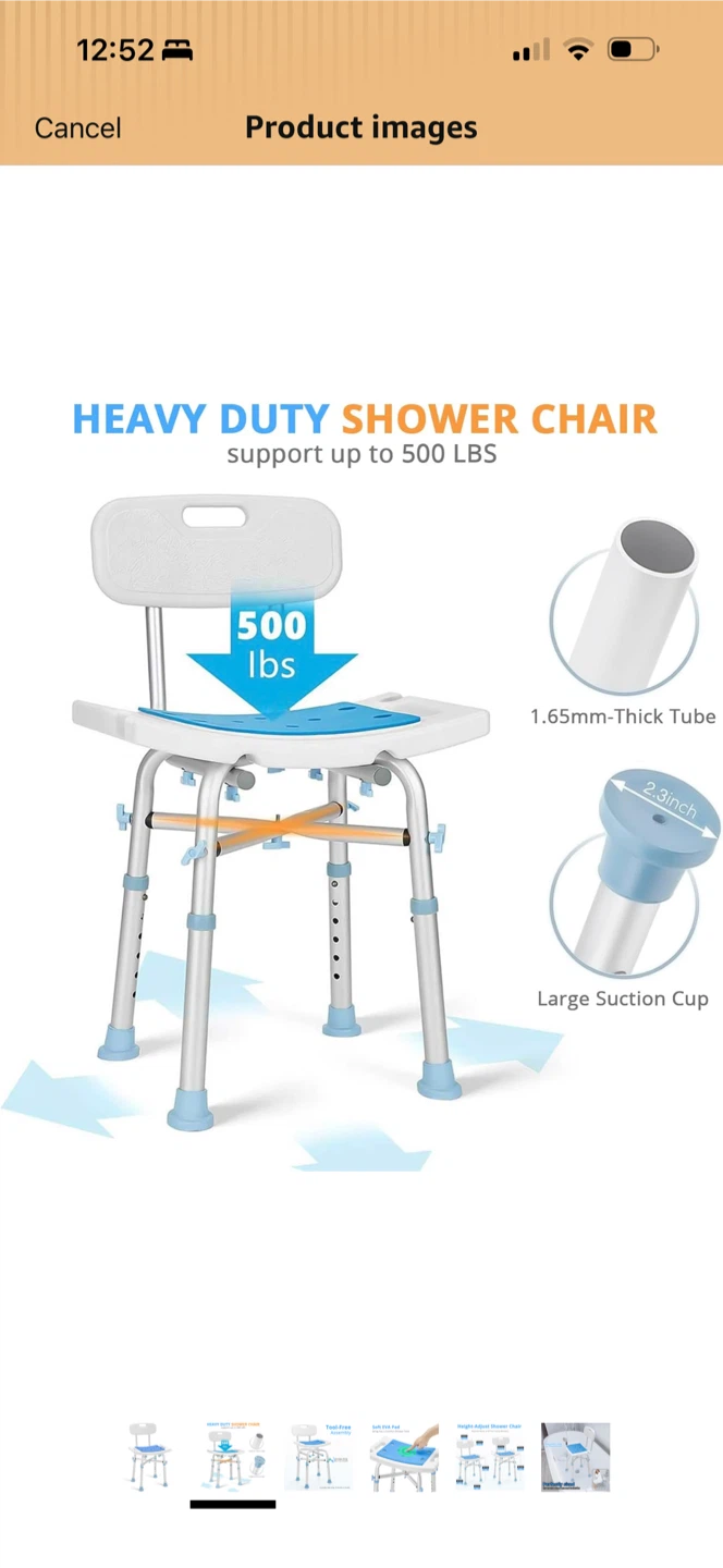 Shower Chair with Backrest (500lbs/226kg) - Height Adjustable - photo 2