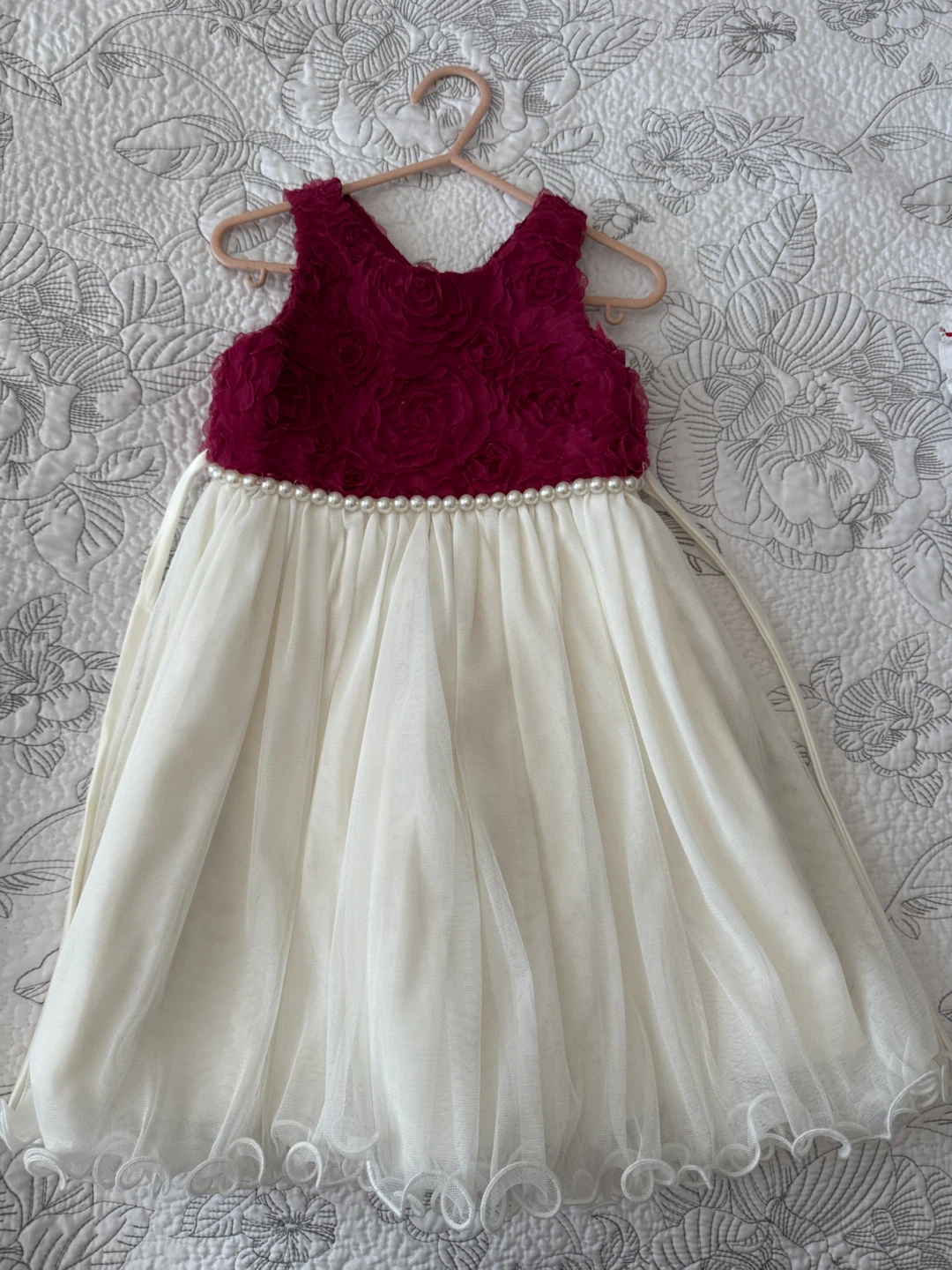 Girls Flower Dress - White/Maroon