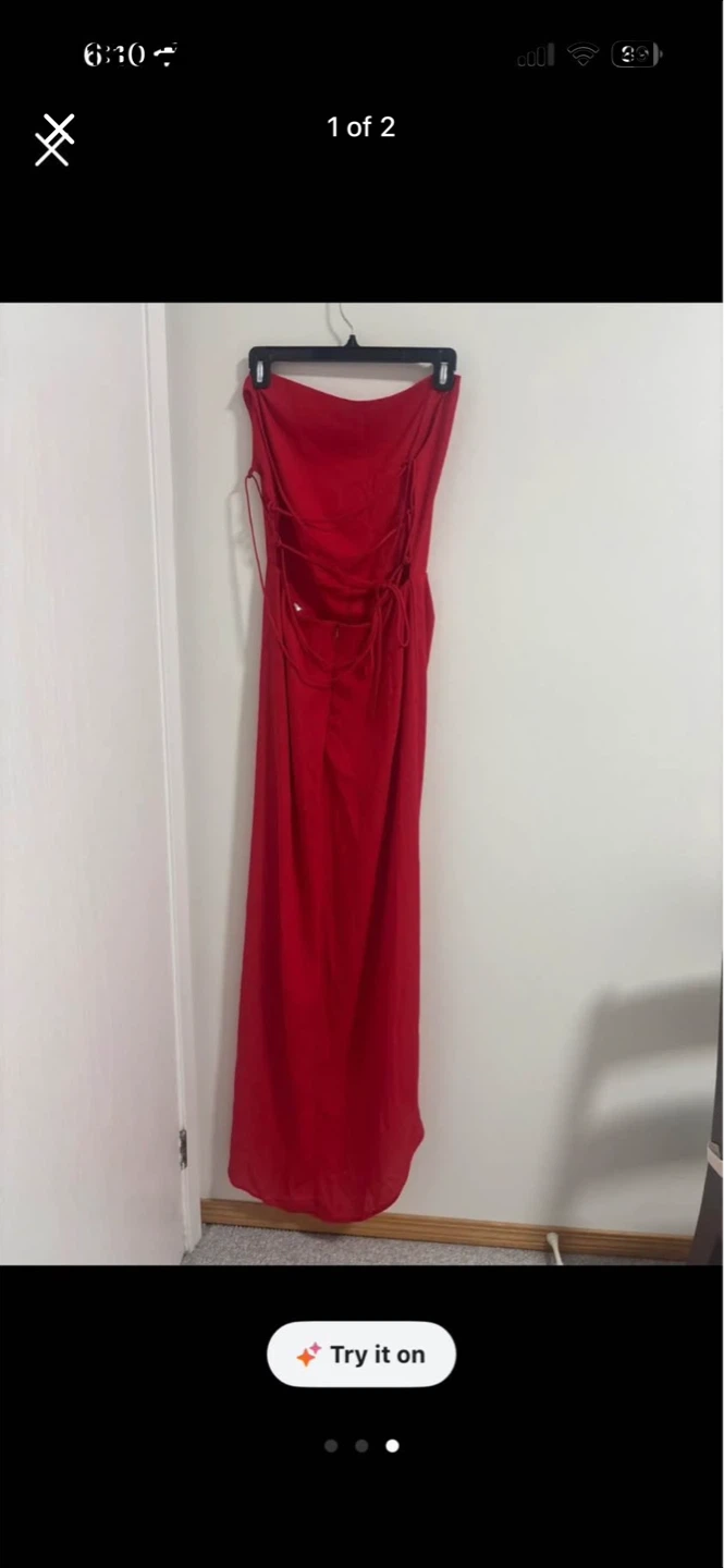 Red Strapless Gown with Lace-Up Back - photo 2