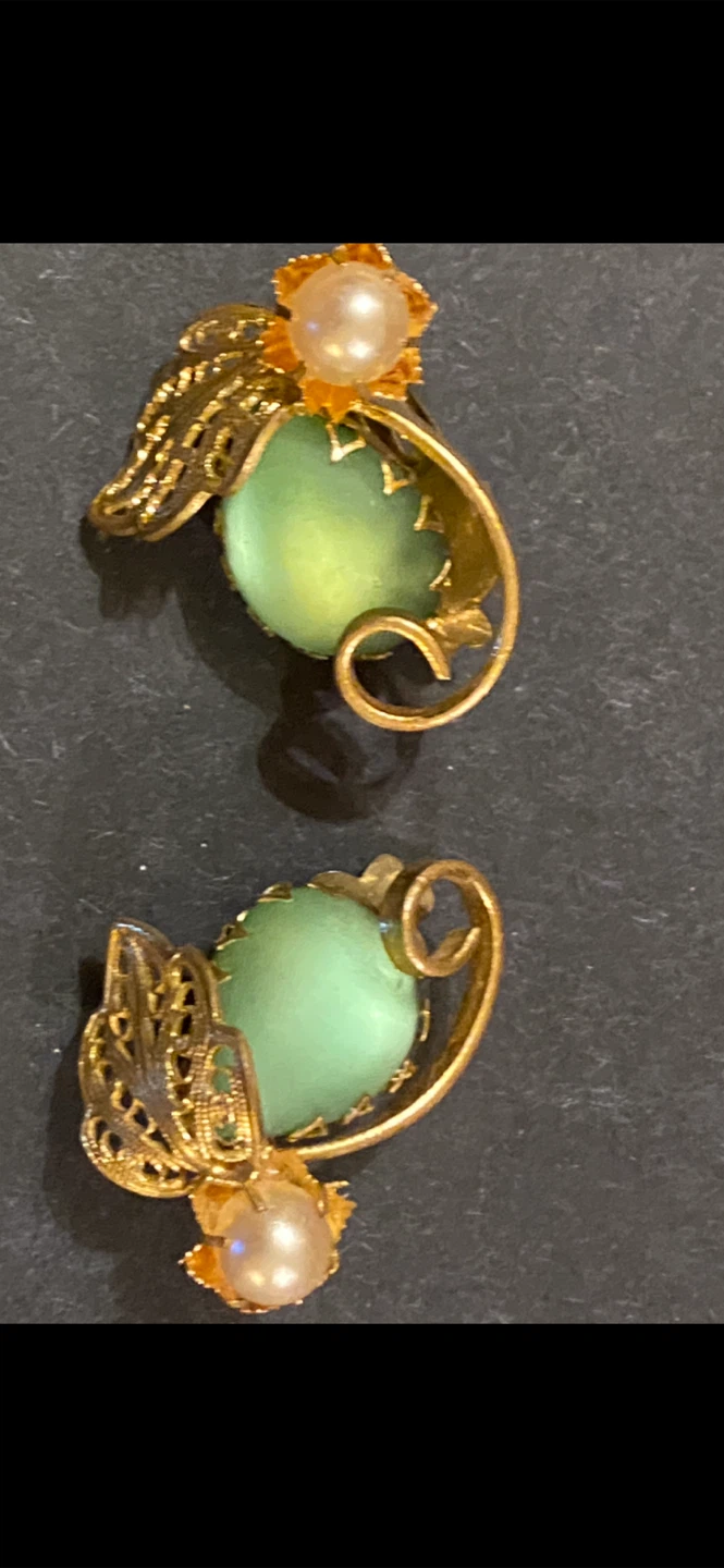 Vintage Gold Tone Earrings with Green Stone and Pearl