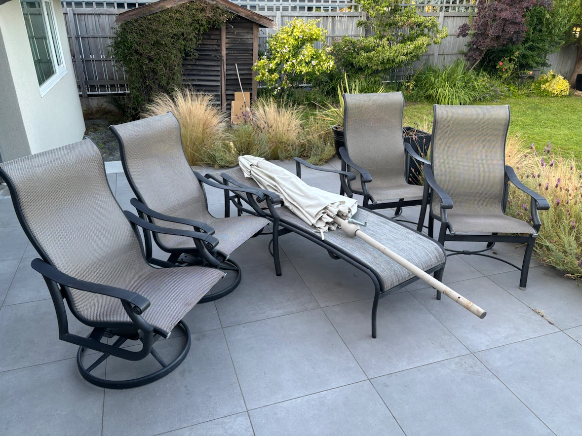 Outdoor Patio Chairs, Umbrella, and reclining lounger
