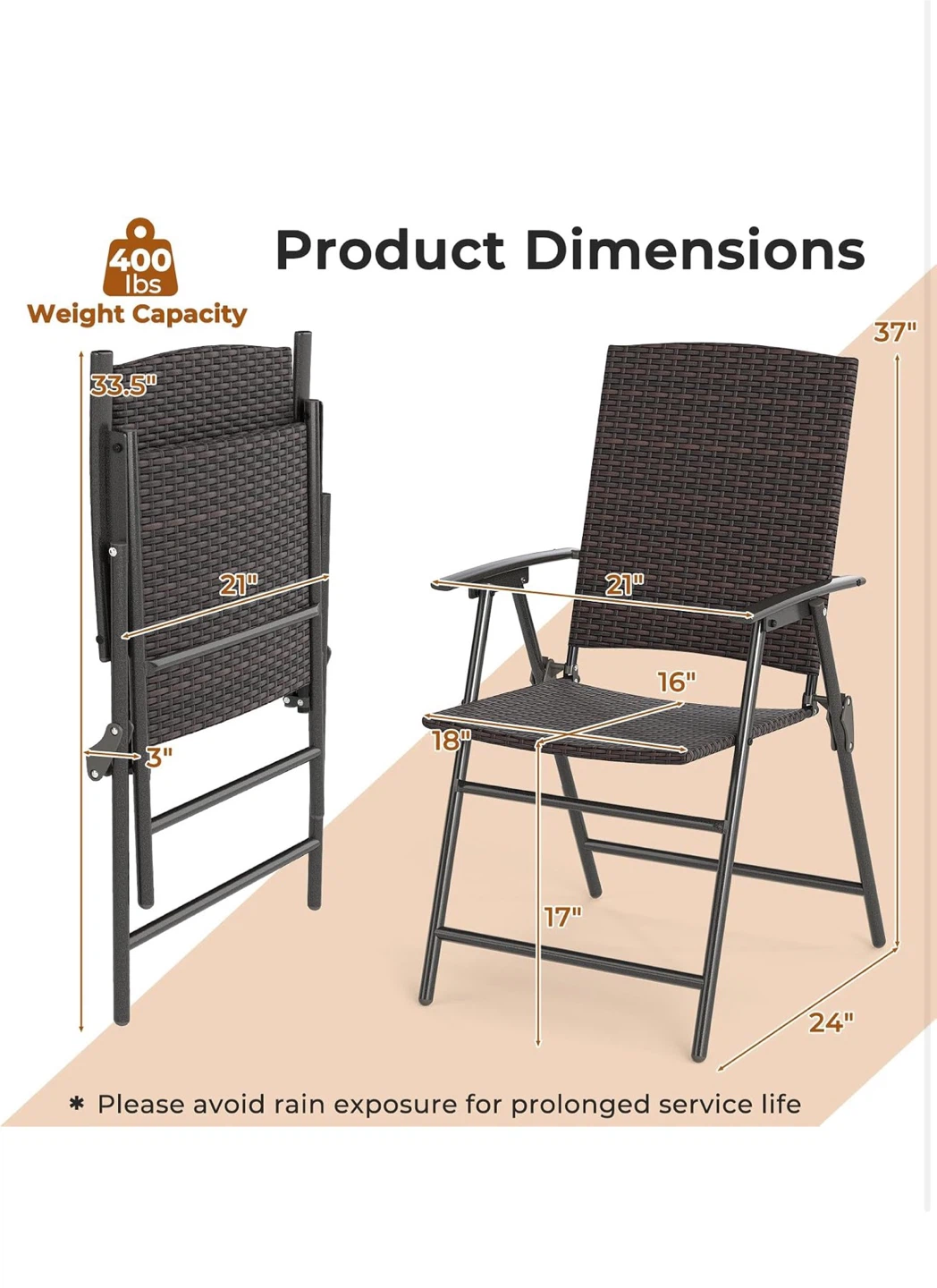 Folding Patio Chairs with Wicker Seat - Set of 2 - photo 2