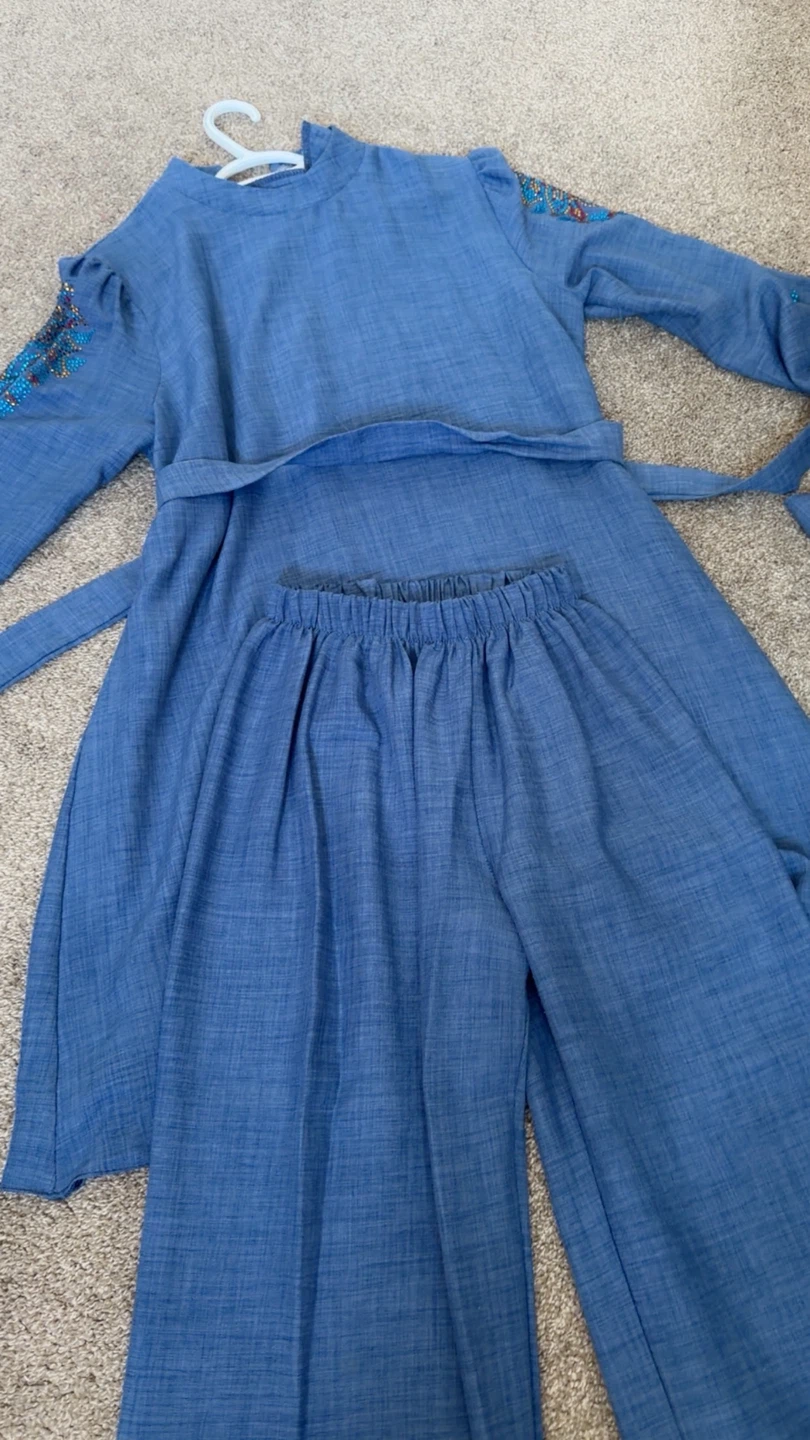 Blue Embroidered Top and Pants Set - photo 2