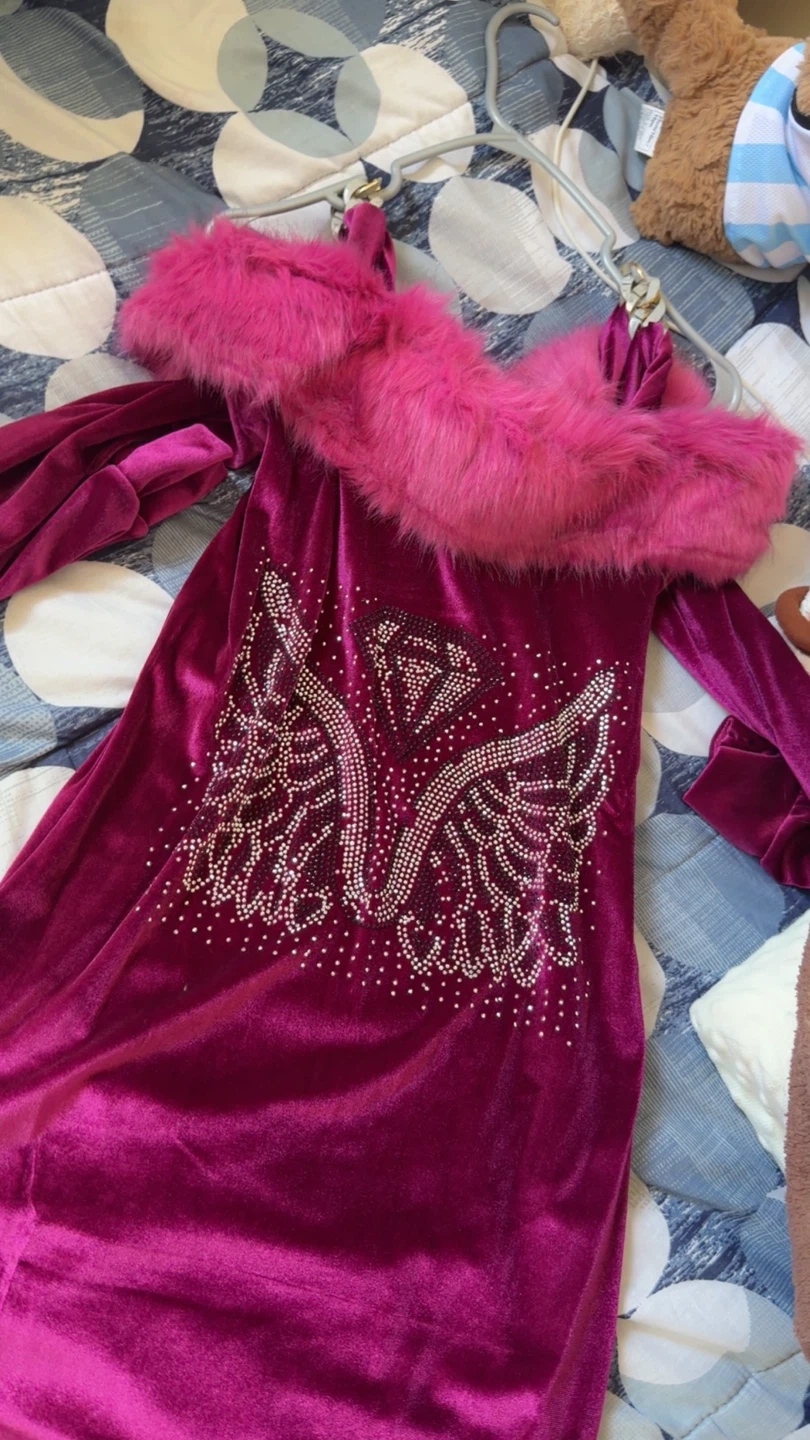 Purple Velvet Cold Shoulder Dress with Rhinestone Wings