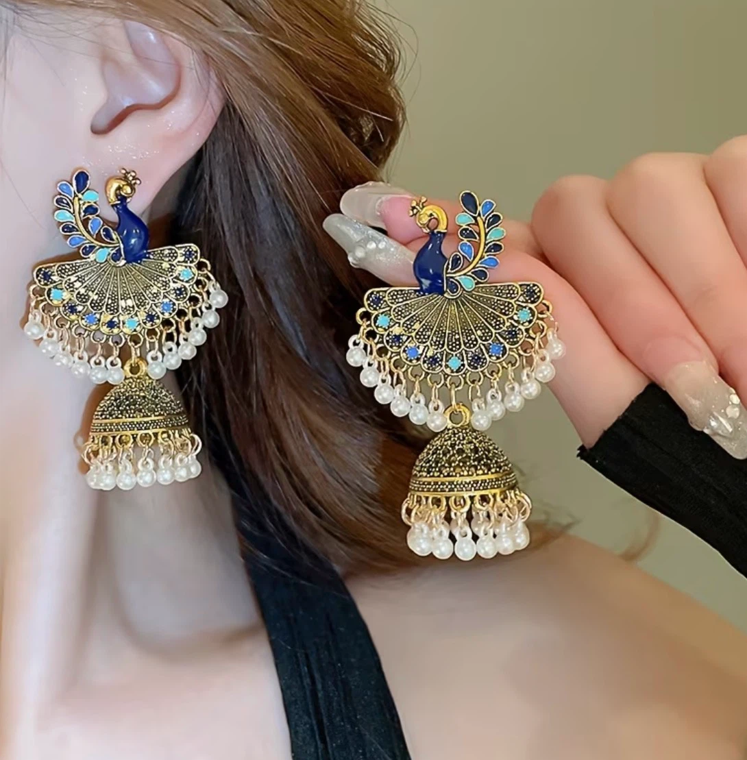 Peacock Design Jhumka Earrings with White Beads