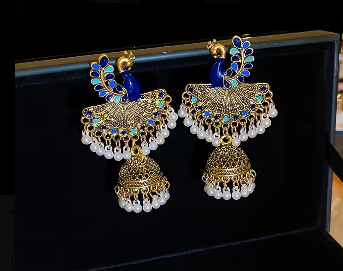 Peacock Design Jhumka Earrings with White Beads - photo 2
