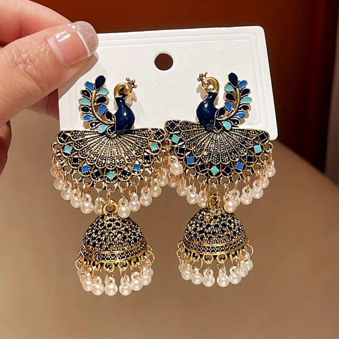 Peacock Design Jhumka Earrings with White Beads - photo 3