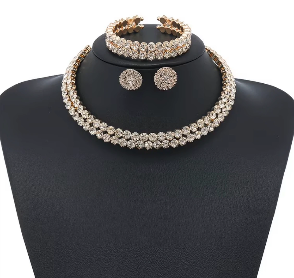 Rhinestone Choker Necklace Bracelet Earrings Set - photo 2