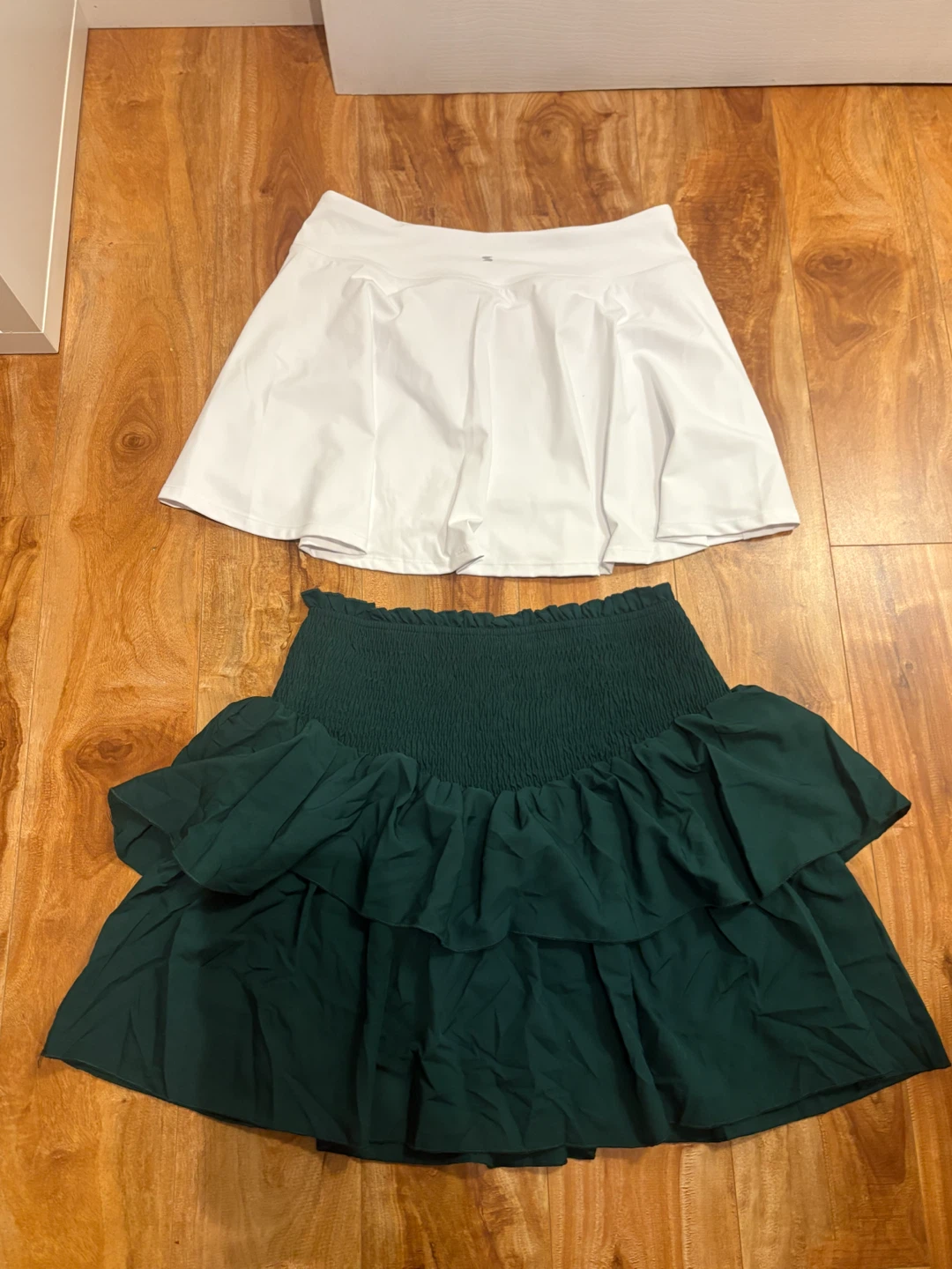White Tennis Skirt and Green Ruffle Skirt Set