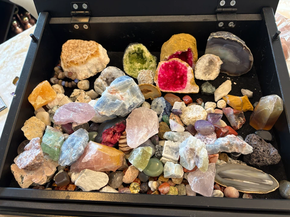 Assorted Collection of Rocks and Crystals in Display Case