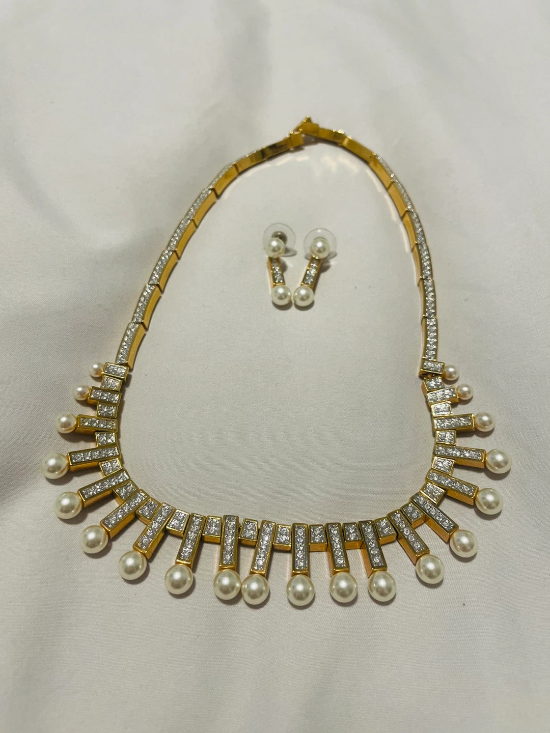 Vintage Gold, Pearl & Crystal Fringe Statement Necklace Set