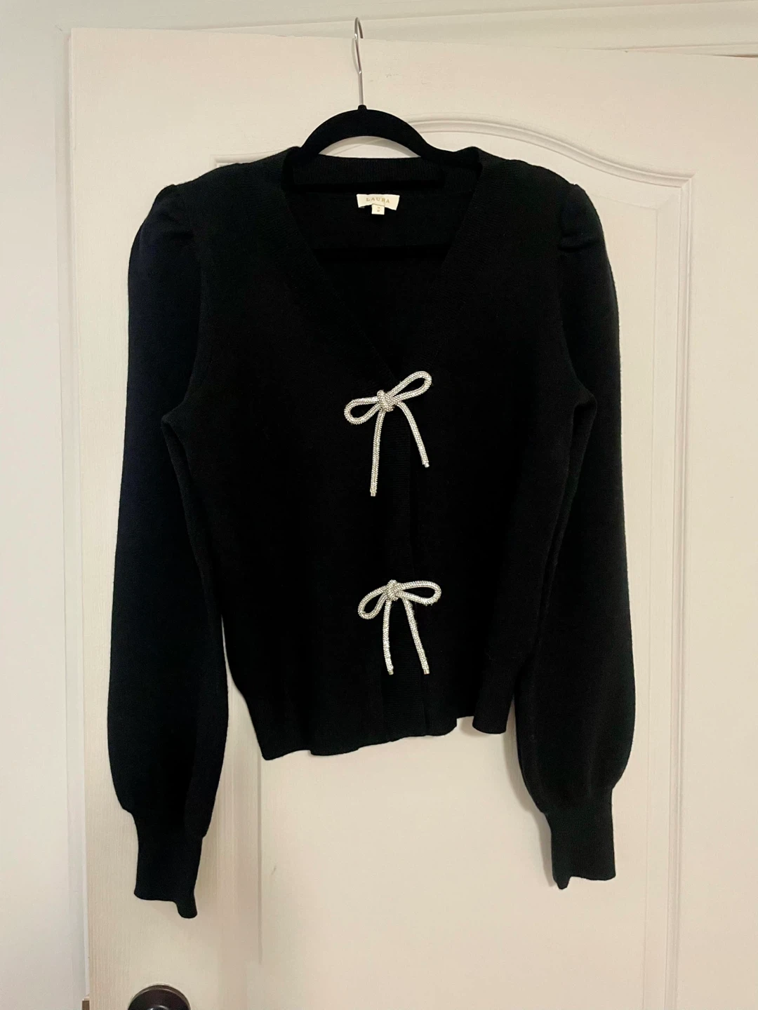 Laura Black V-Neck Bow-Tie Cardigan Sweater Size Medium