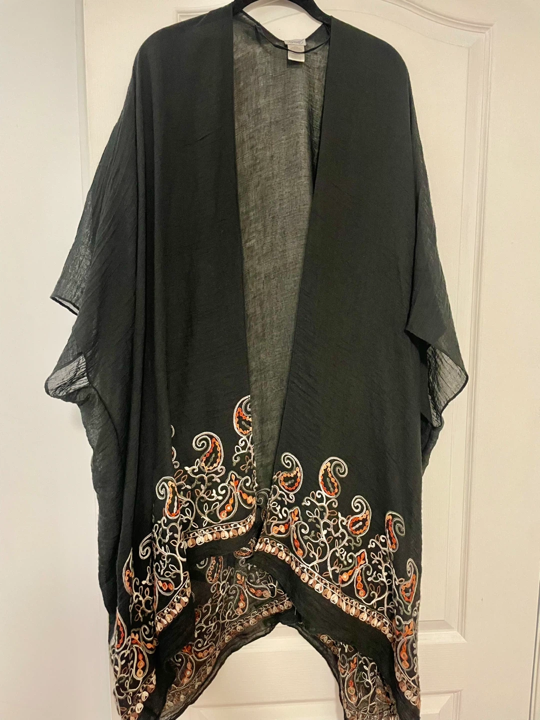 O/S Black Embroidered Kaftan with Orange Paisley Trim by Kismet