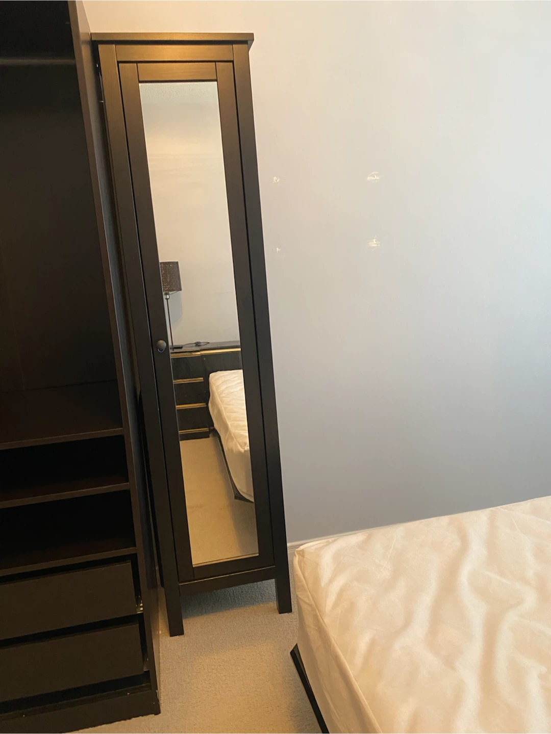 Dark Wood Full Length Mirror Wardrobe with Shelving