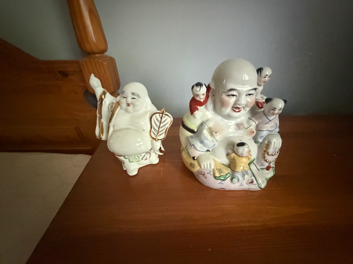 Two ceramic laughing Buddha statues with children - photo 3