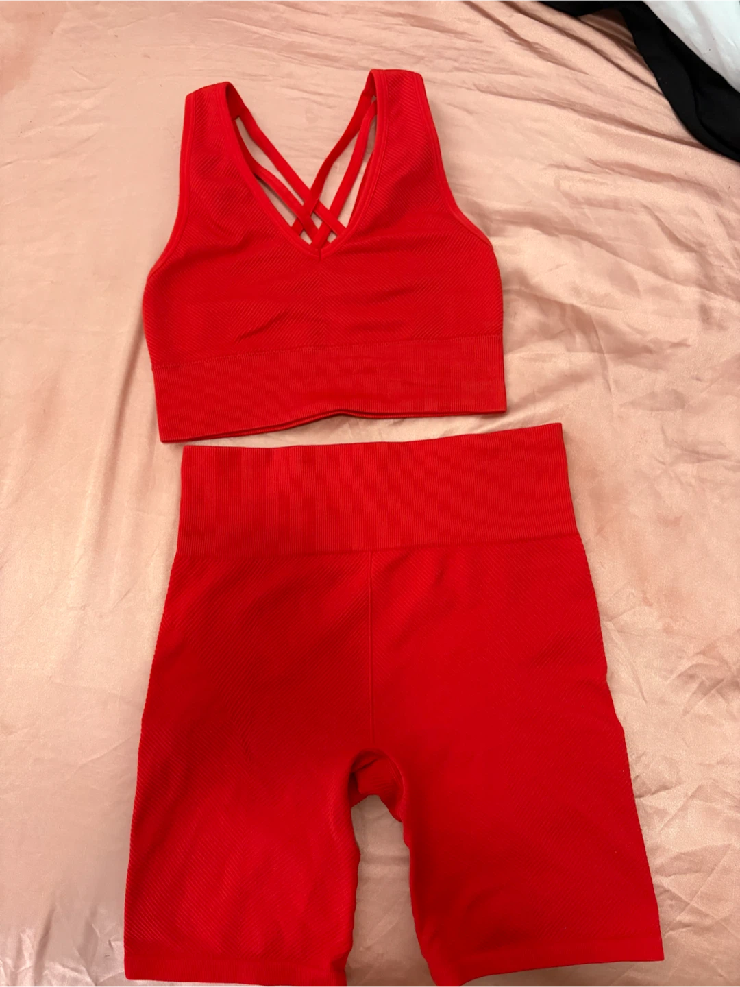 New Balance Red Sports Bra & Bike Shorts Set