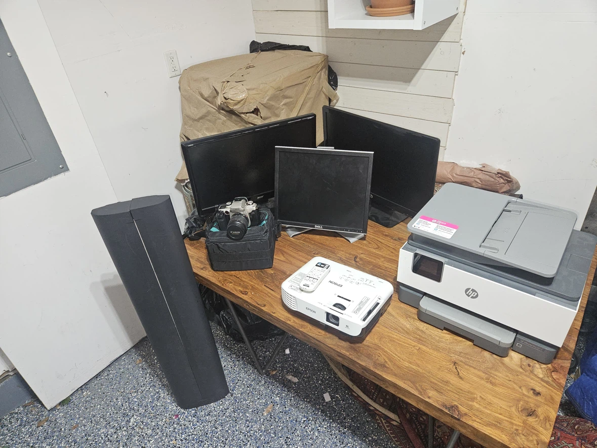 Projector and Tripod Screen with Dell Monitors and Camera