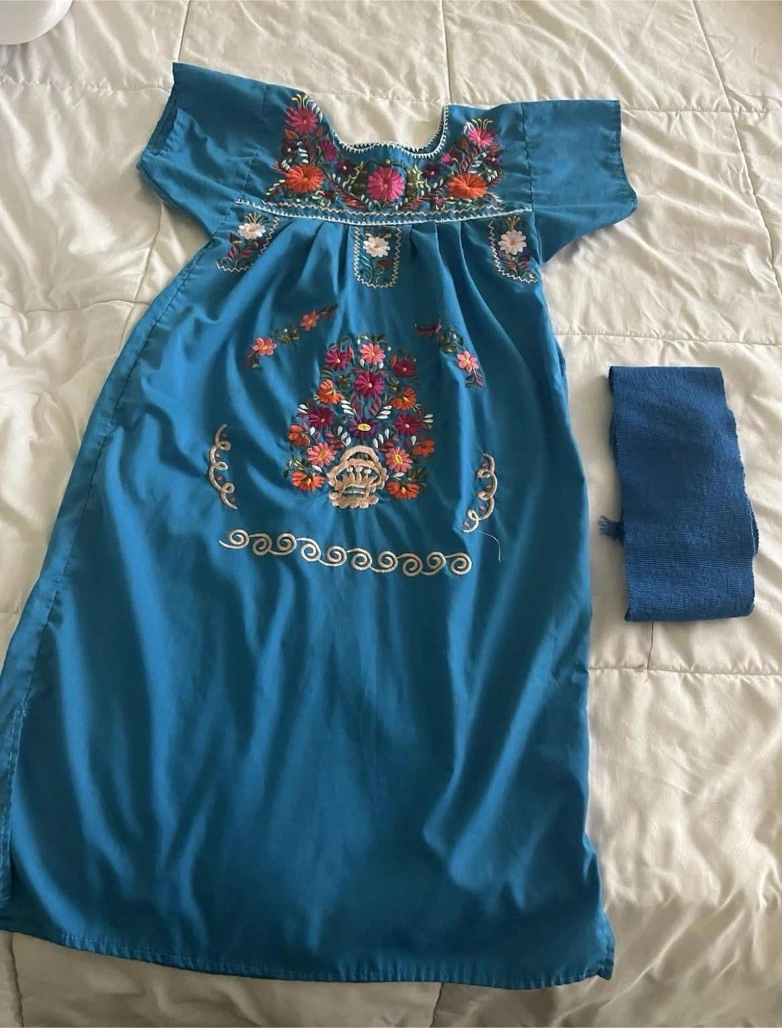 Blue Embroidered Mexican Dress with Belt