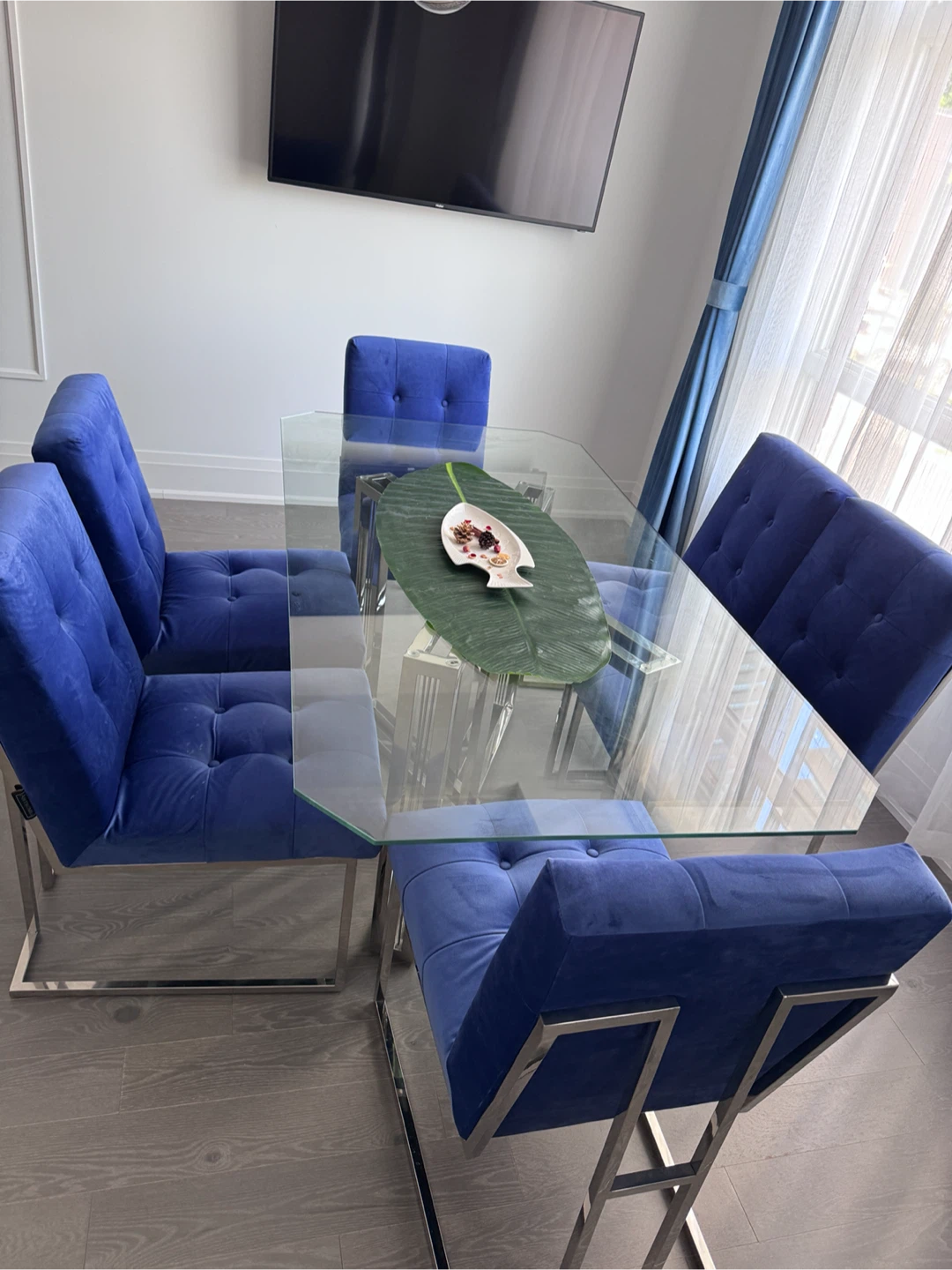 Glass Dining Table with 6 Blue Velvet Chairs