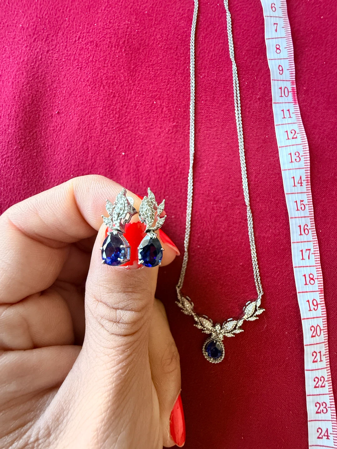 Silver Necklace and Earrings Set with Blue Gems - photo 2