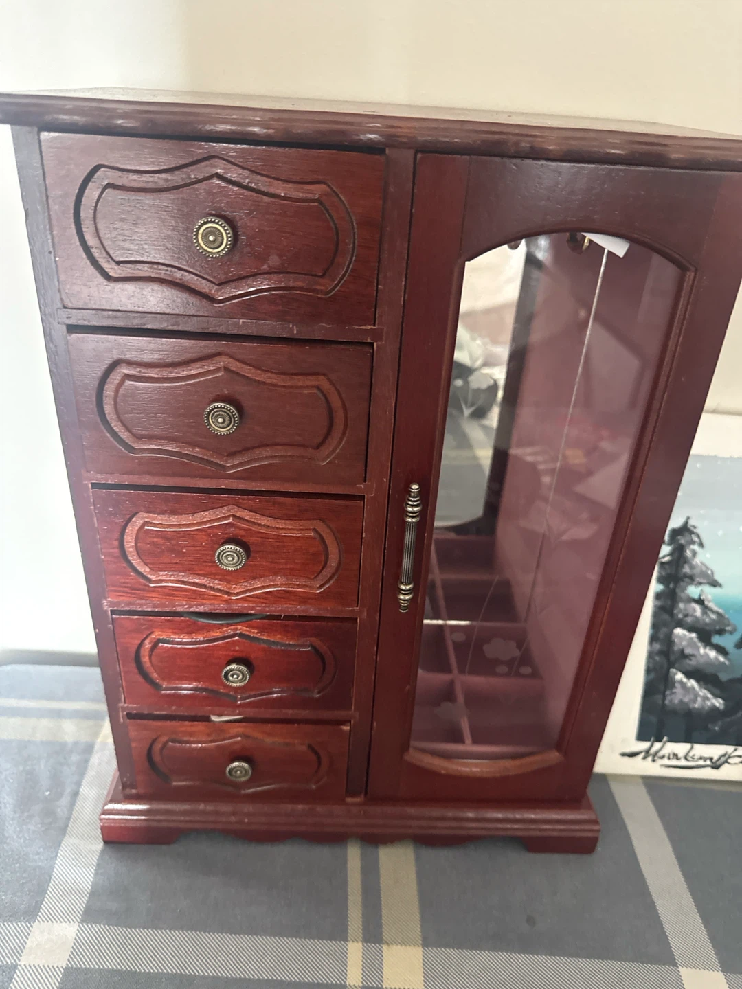 Wooden Jewellery Box with Drawers and Mirrored Door