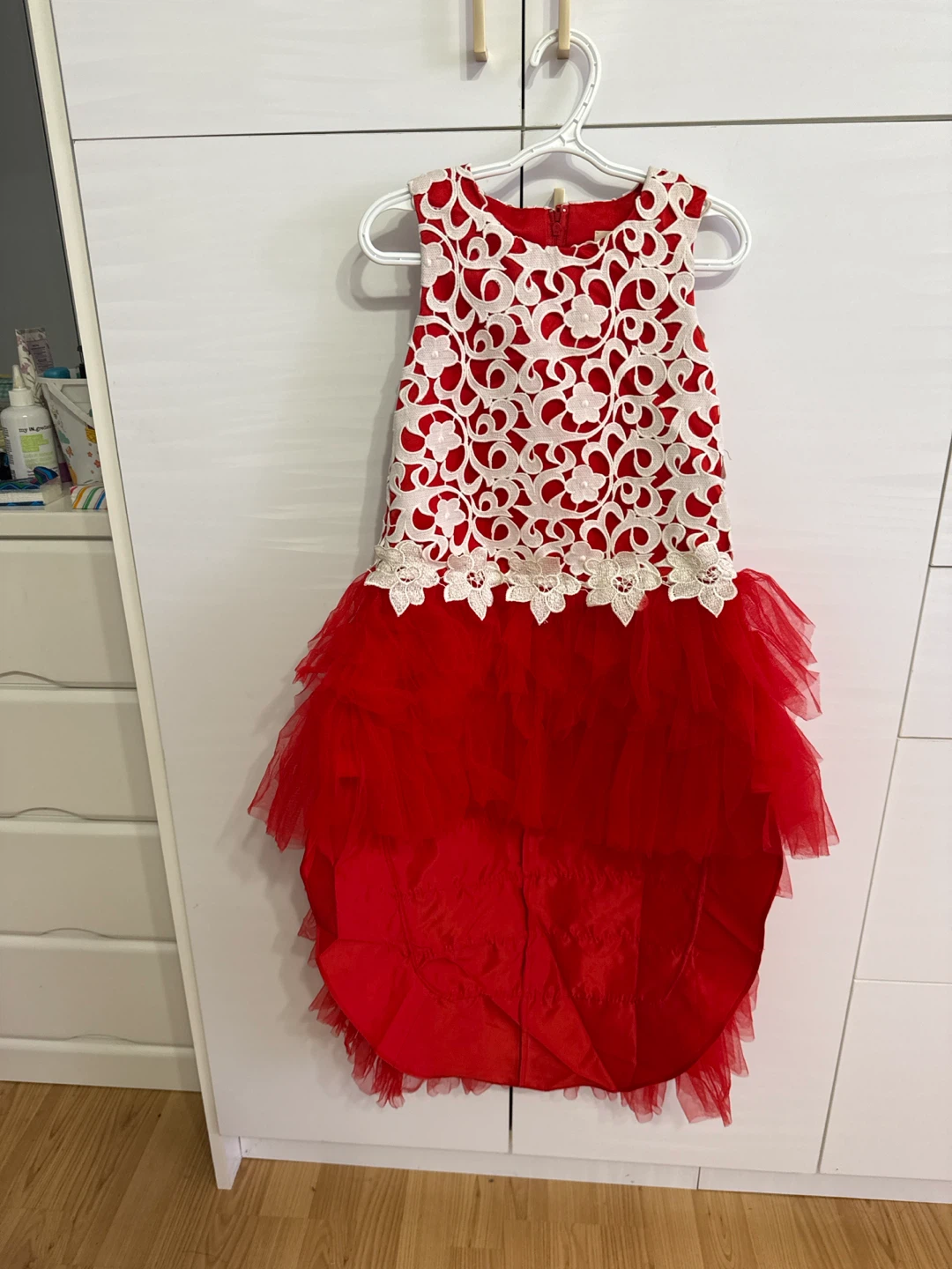 Red Girls Dress with White Lace Overlay