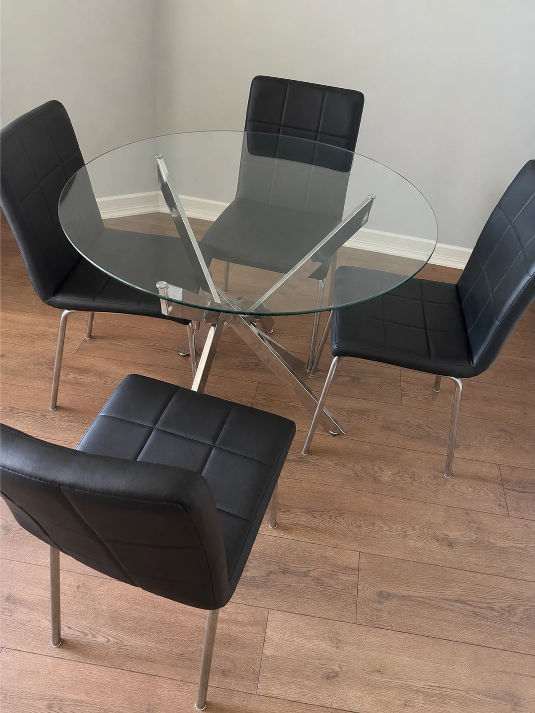 Glass Dining Table with 4 Black Chairs