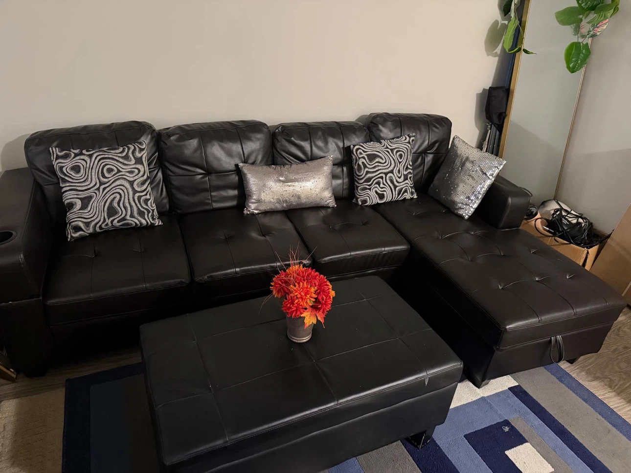 Black Faux Leather Sectional Sofa with Storage Ottoman