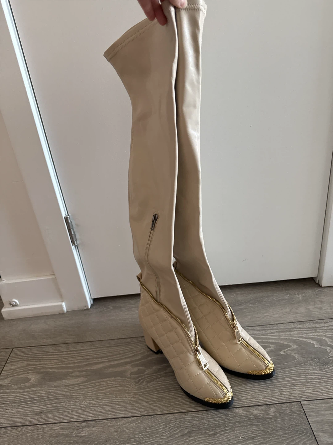 Cream Quilted Knee-High Boots