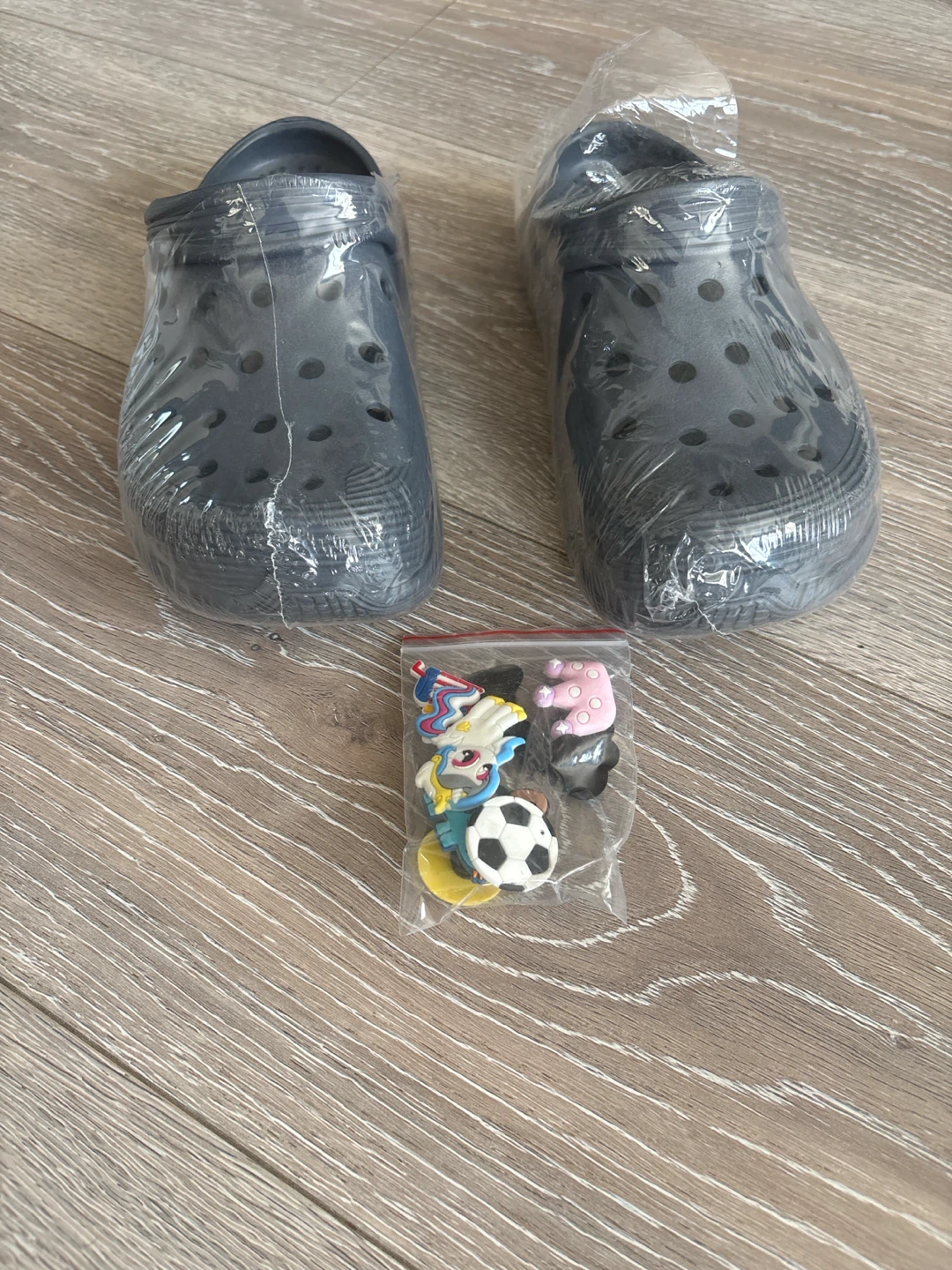 Brand New Dark Grey Clogs with Charms