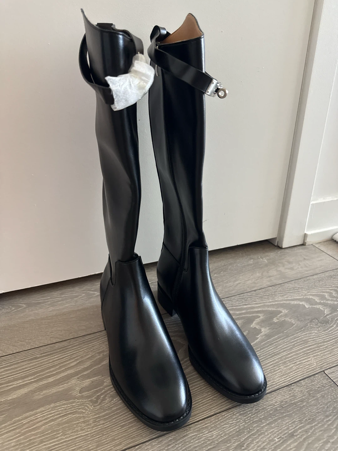 Black Leather Tall Boots with Buckle Detail