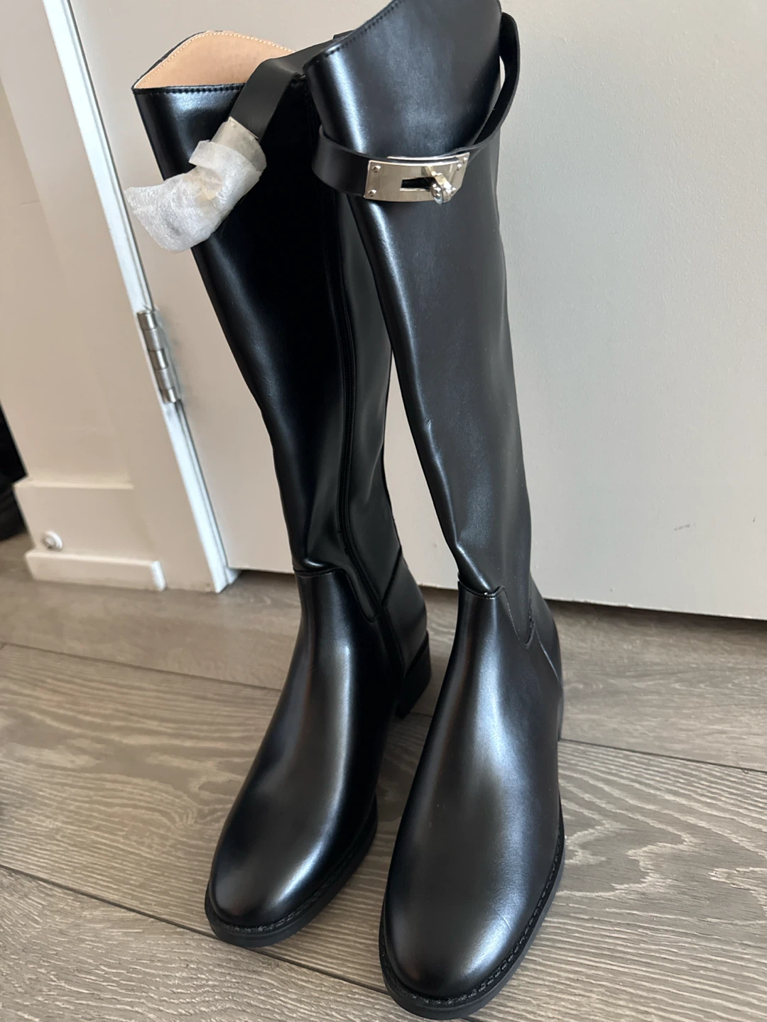 Black Leather Tall Boots with Buckle Detail - photo 2