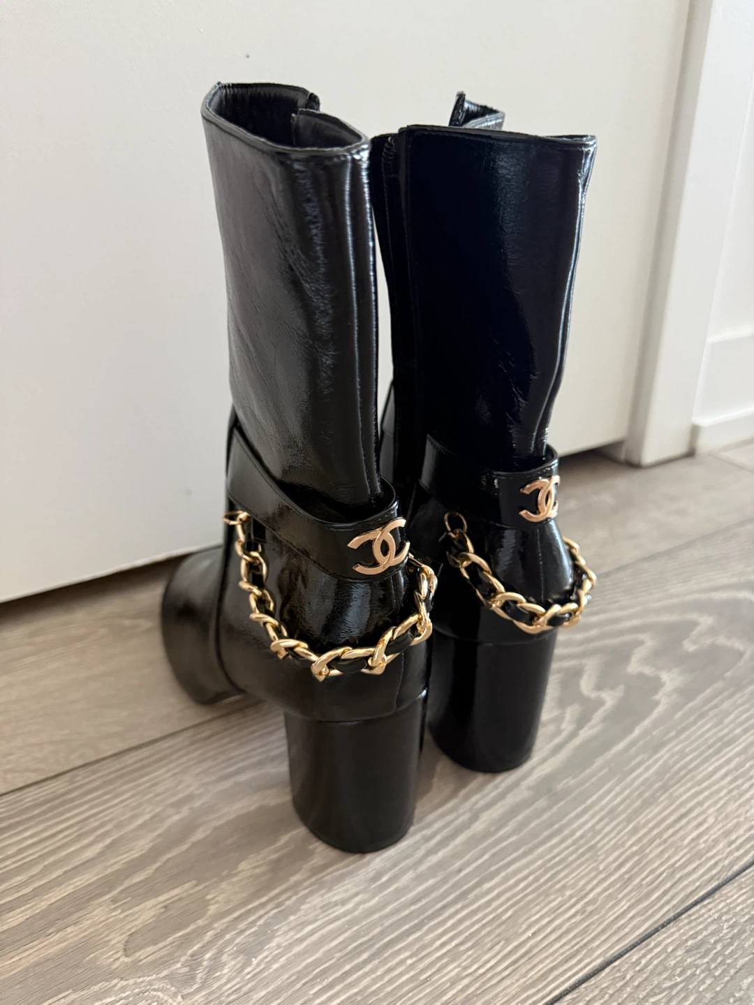 Black Leather Ankle Boots with Chain Detail - photo 2