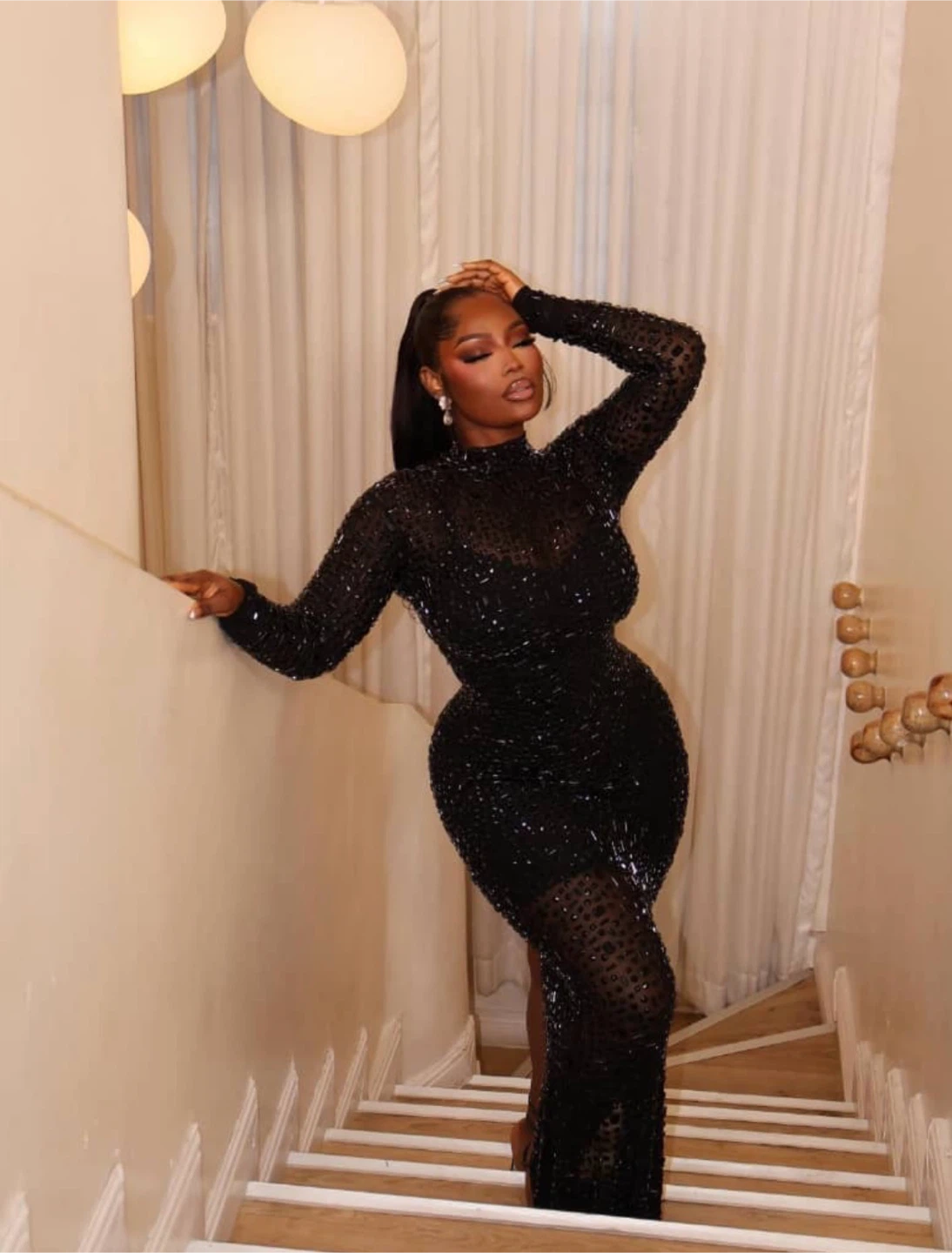 Sparkly Embellished Long Sleeve Evening Gown - photo 3