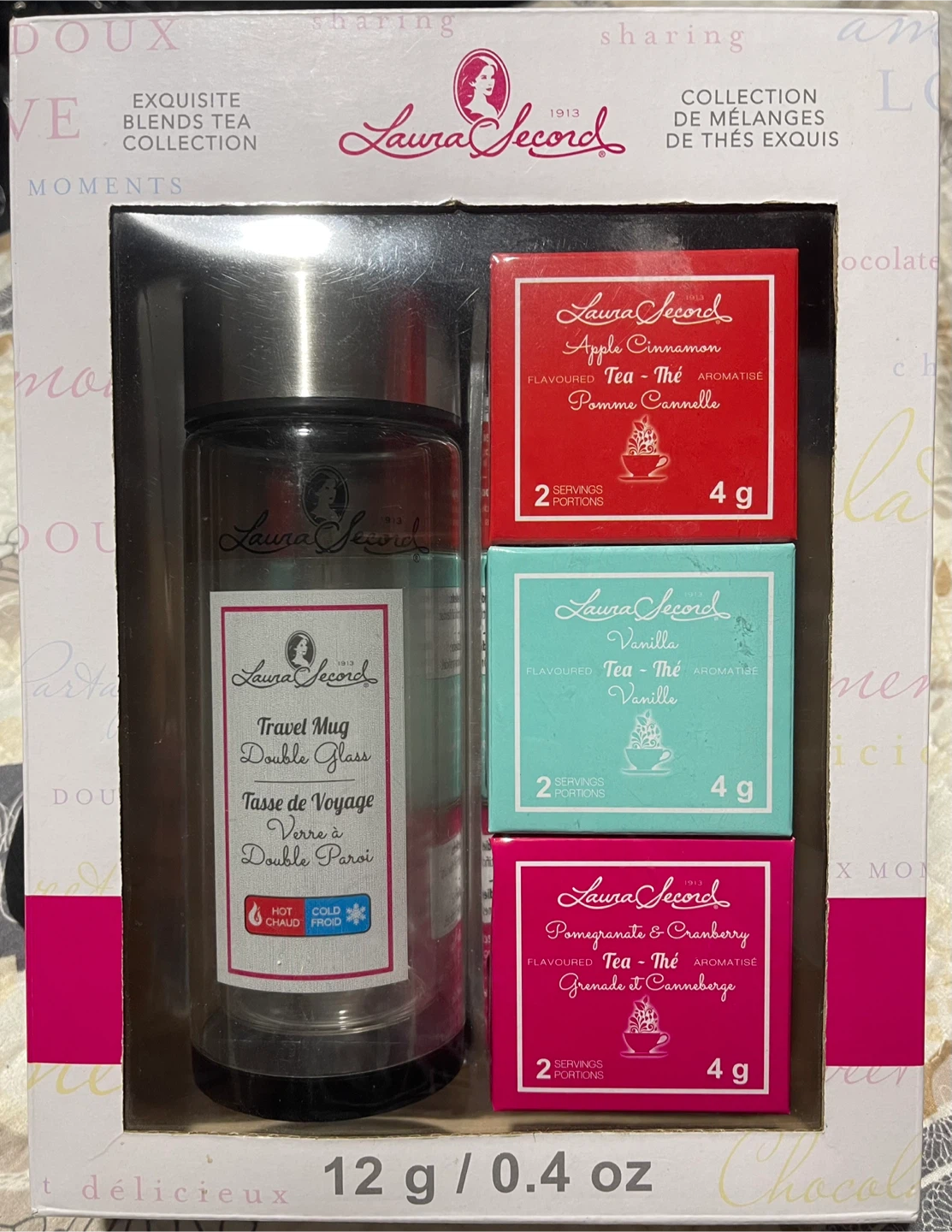 (New) Laura Secord Travel Mug  Set w/ a variety of teas.