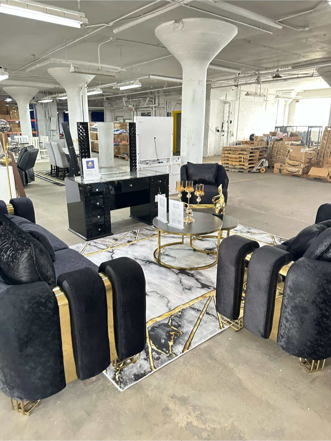 Black Velvet Sofa Set with Gold Accents
