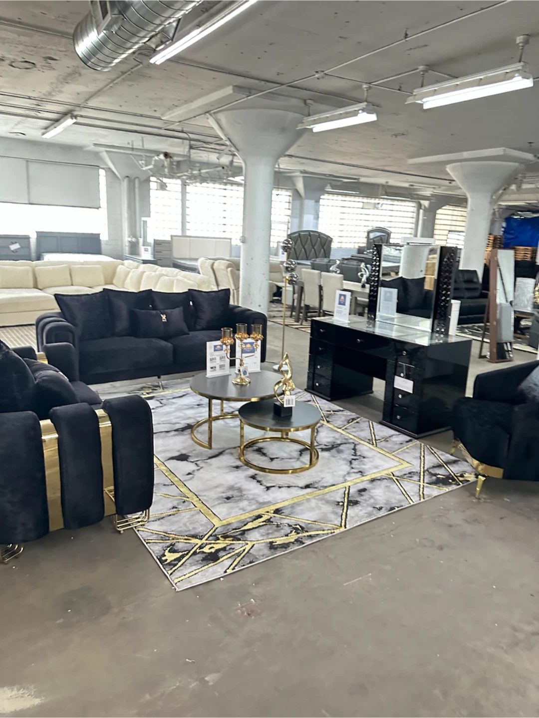 Black Velvet Sofa Set with Gold Accents - photo 3
