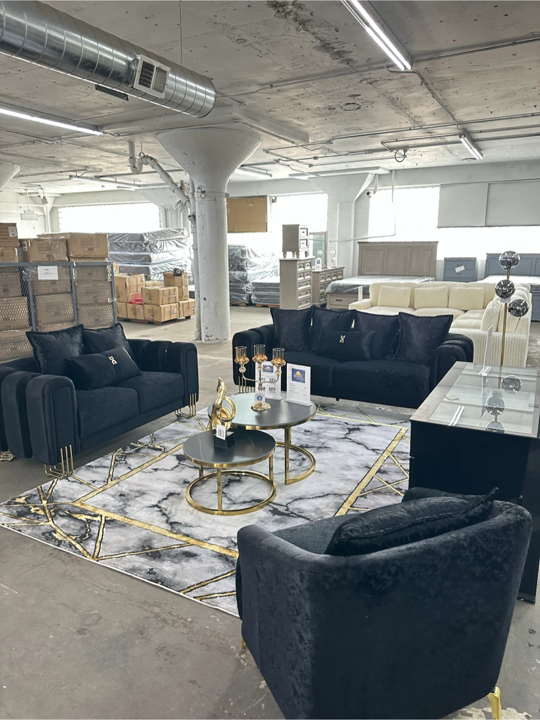 Black Velvet Sofa Set with Gold Accents - photo 4