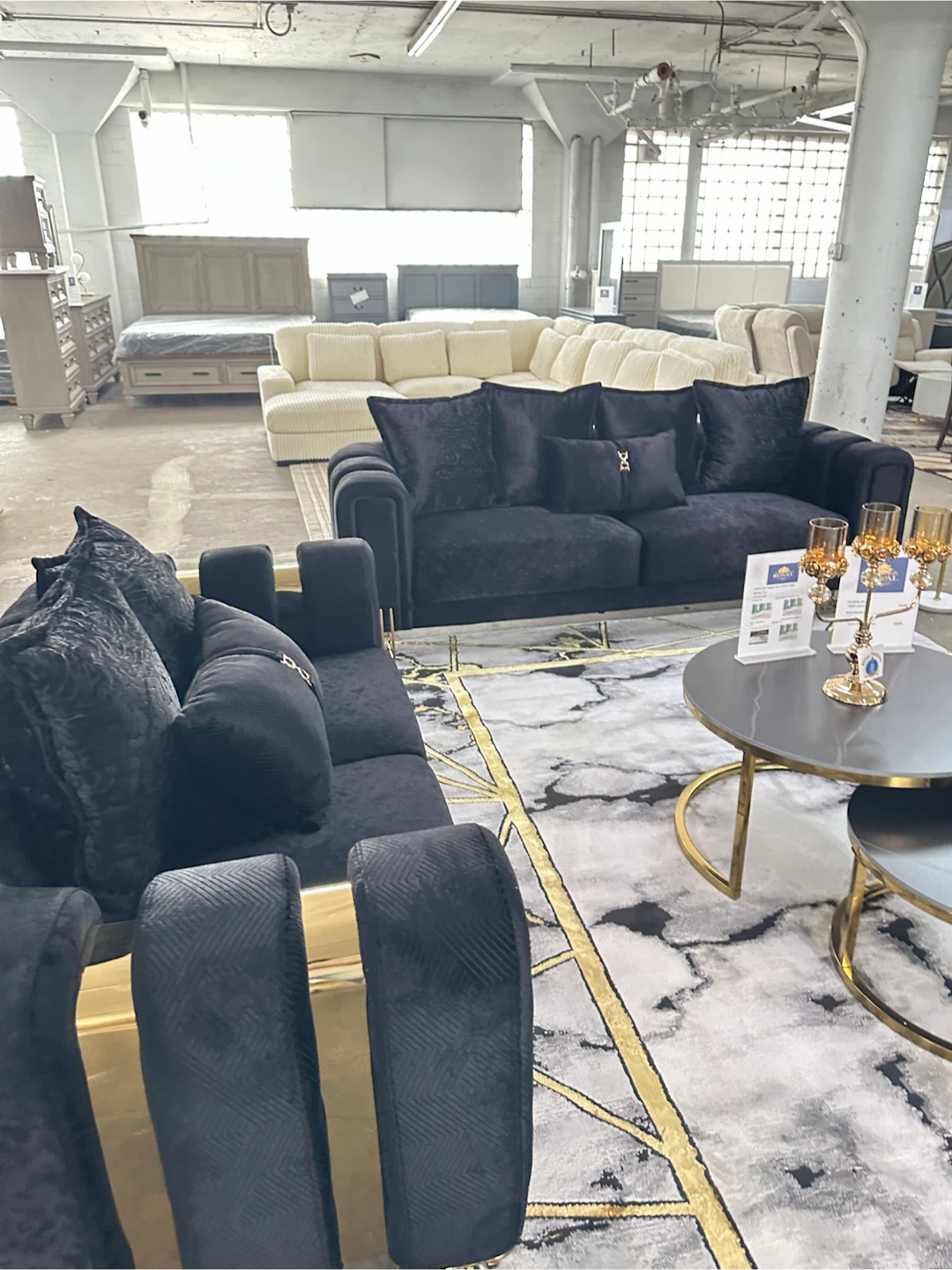 Black Velvet Sofa Set with Gold Accents - photo 5