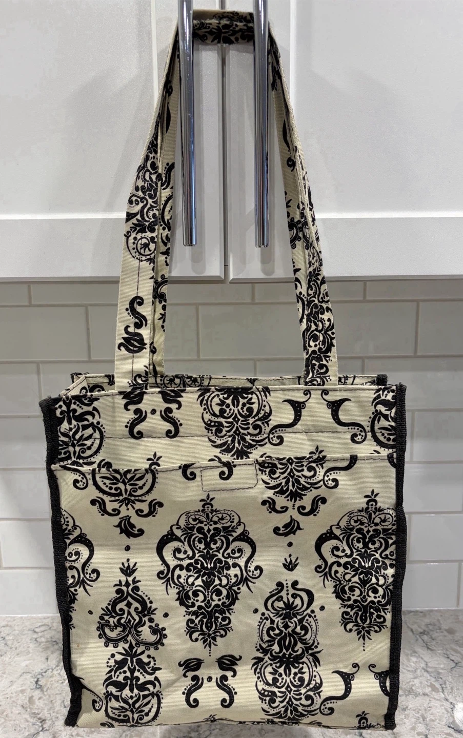 Women’s Cream and Black Damask Print Purse/Tote Bag