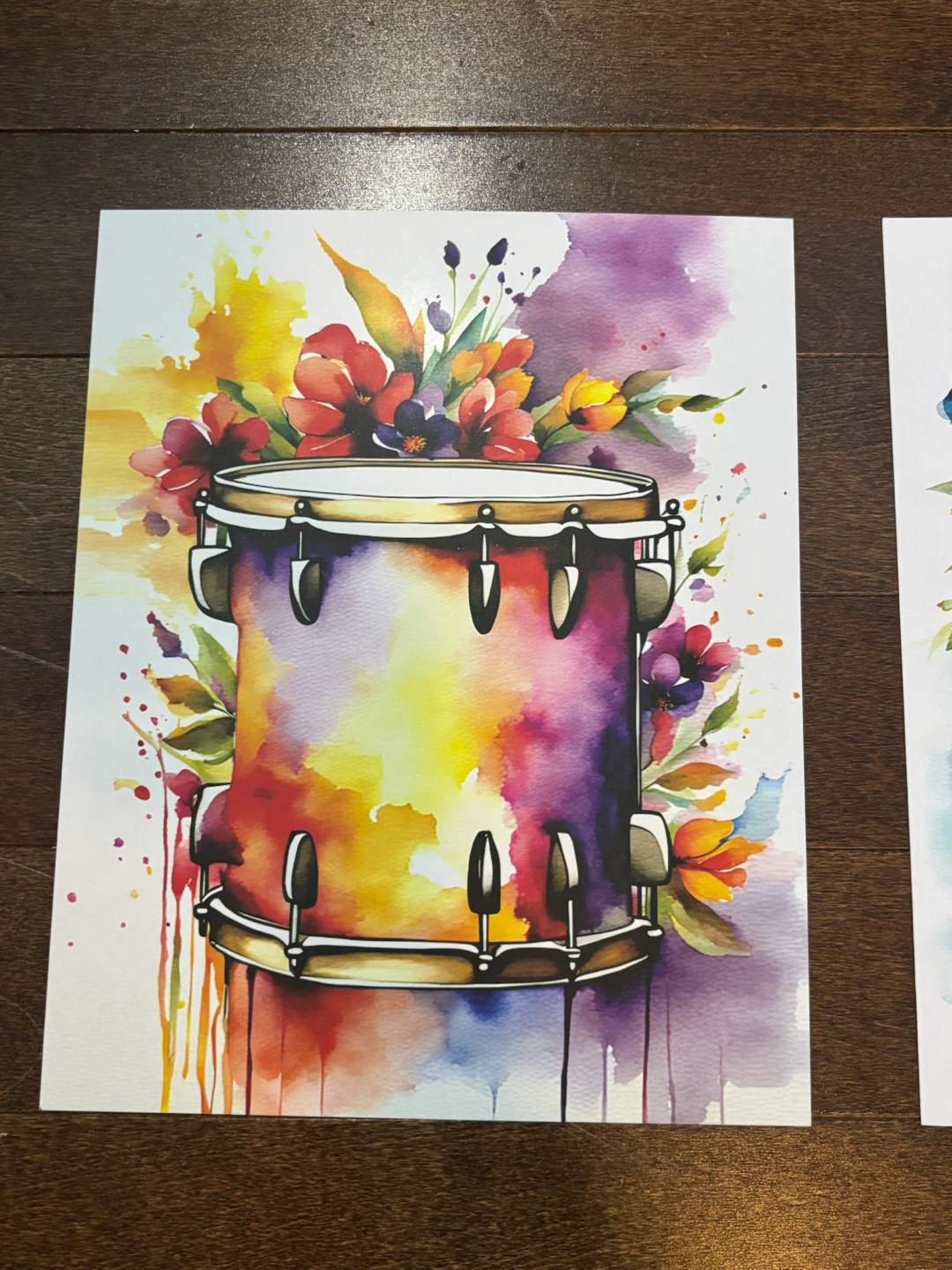 Original Watercolour Art Print - Musical Instruments & Flowers