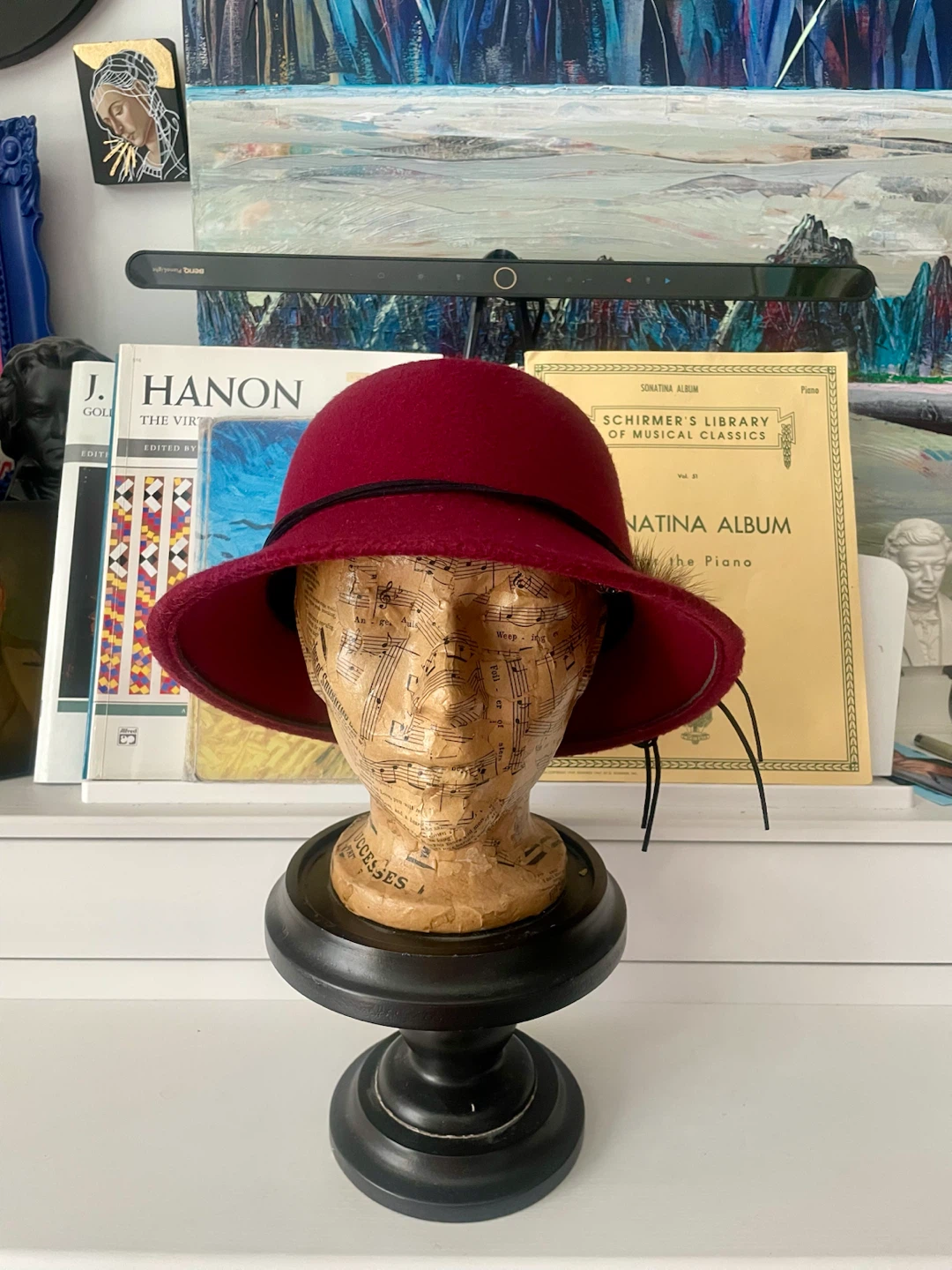 Burgundy Cloche-Style Hat with Fur Accent