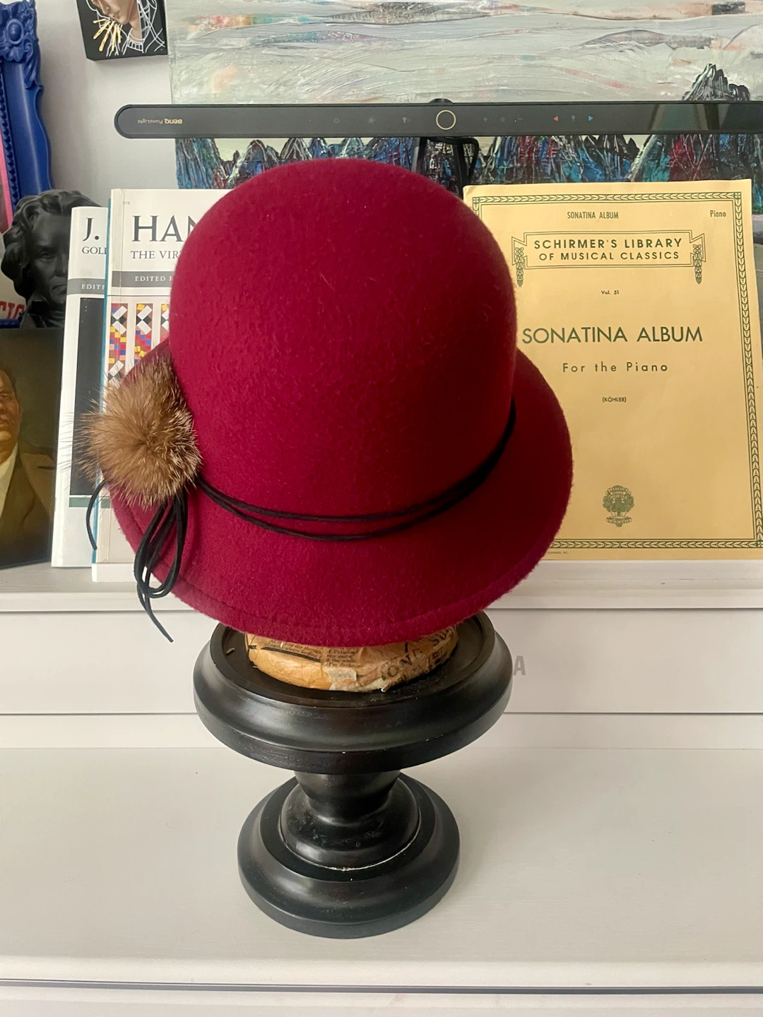 Burgundy Cloche-Style Hat with Fur Accent - photo 3