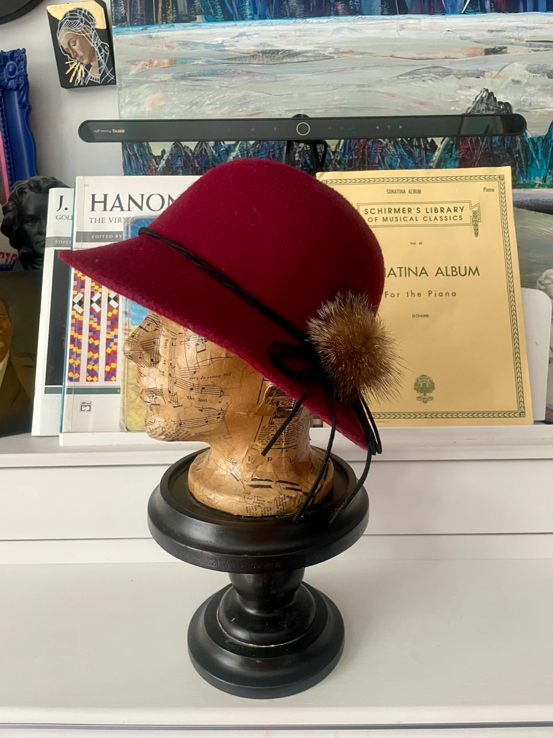 Burgundy Cloche-Style Hat with Fur Accent - photo 2