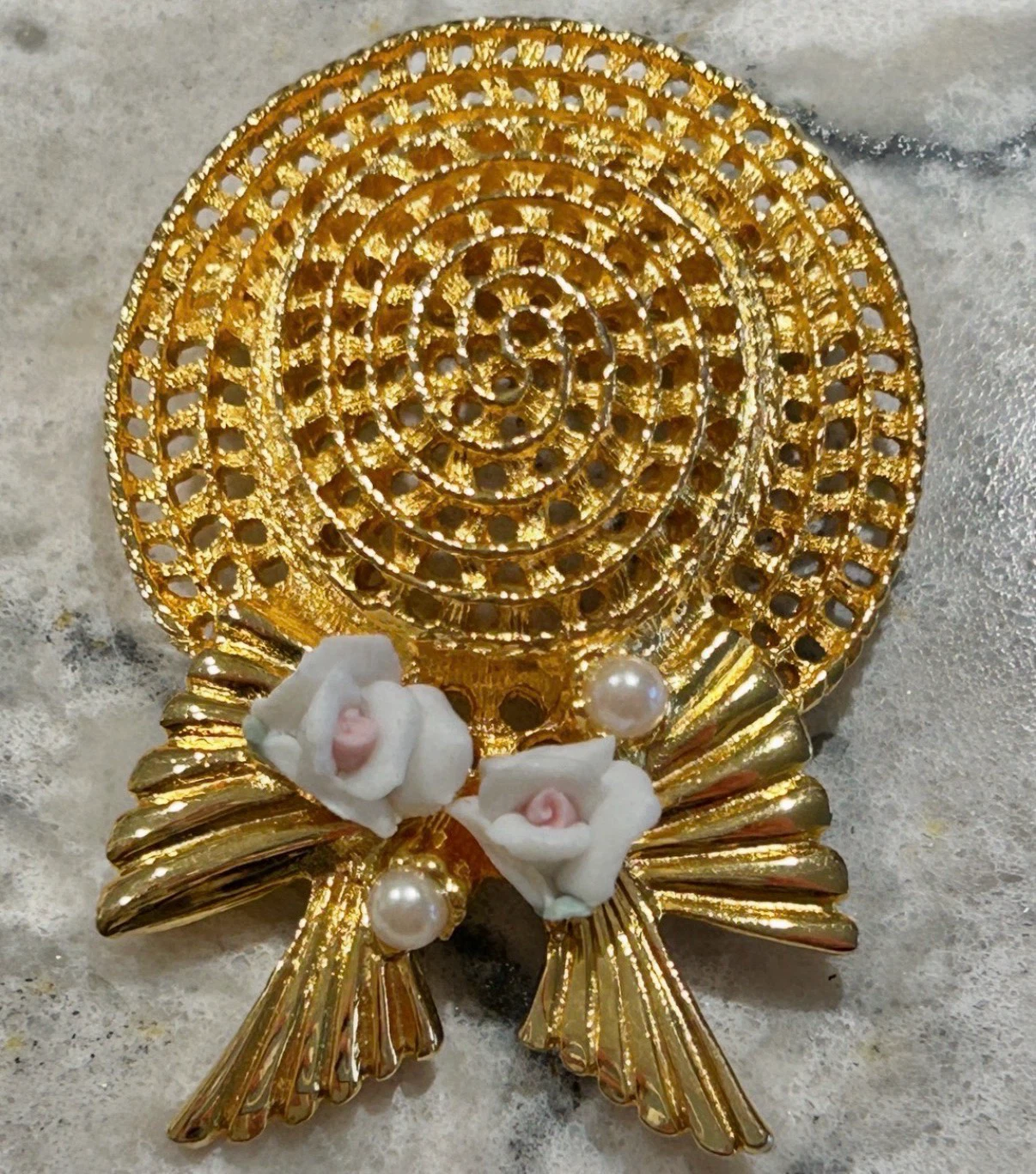 Vintage Gold Tone Brimmed Hat w/ Porcelain Rose on Ribbon Brooch