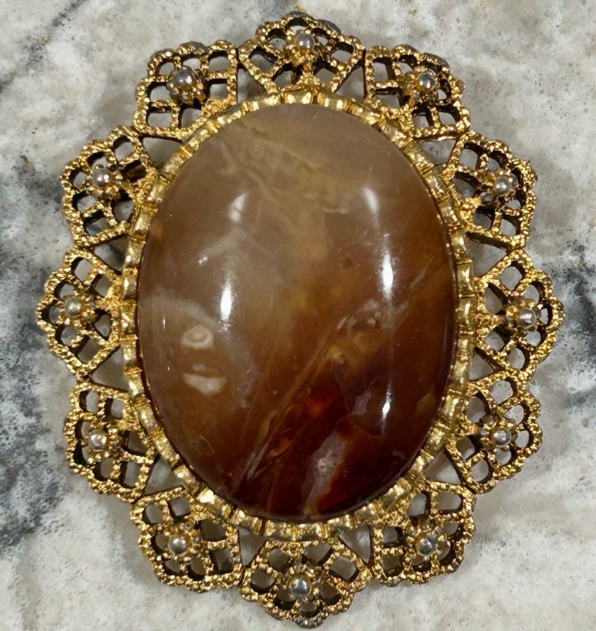 Vintage Gold Tone Brooch Large Faux Agate Cabochon Statement Pin