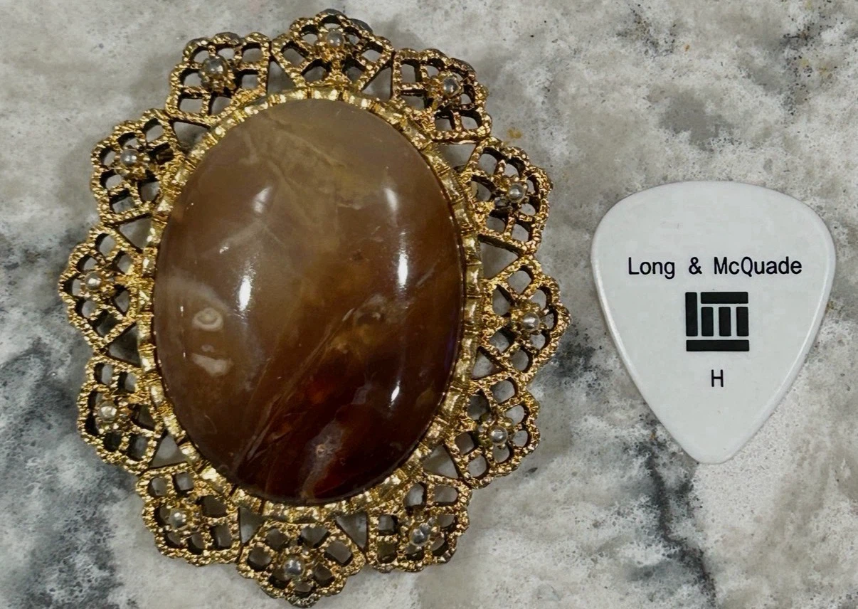 Vintage Gold Tone Brooch Large Faux Agate Cabochon Statement Pin - photo 2