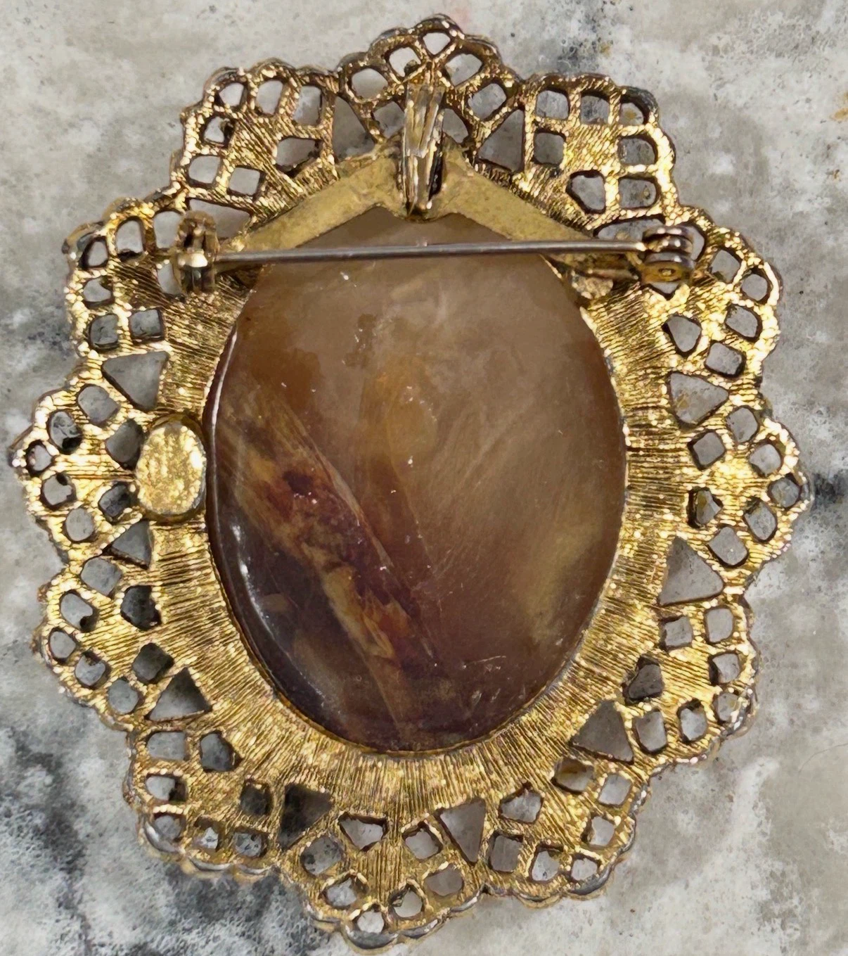 Vintage Gold Tone Brooch Large Faux Agate Cabochon Statement Pin - photo 3