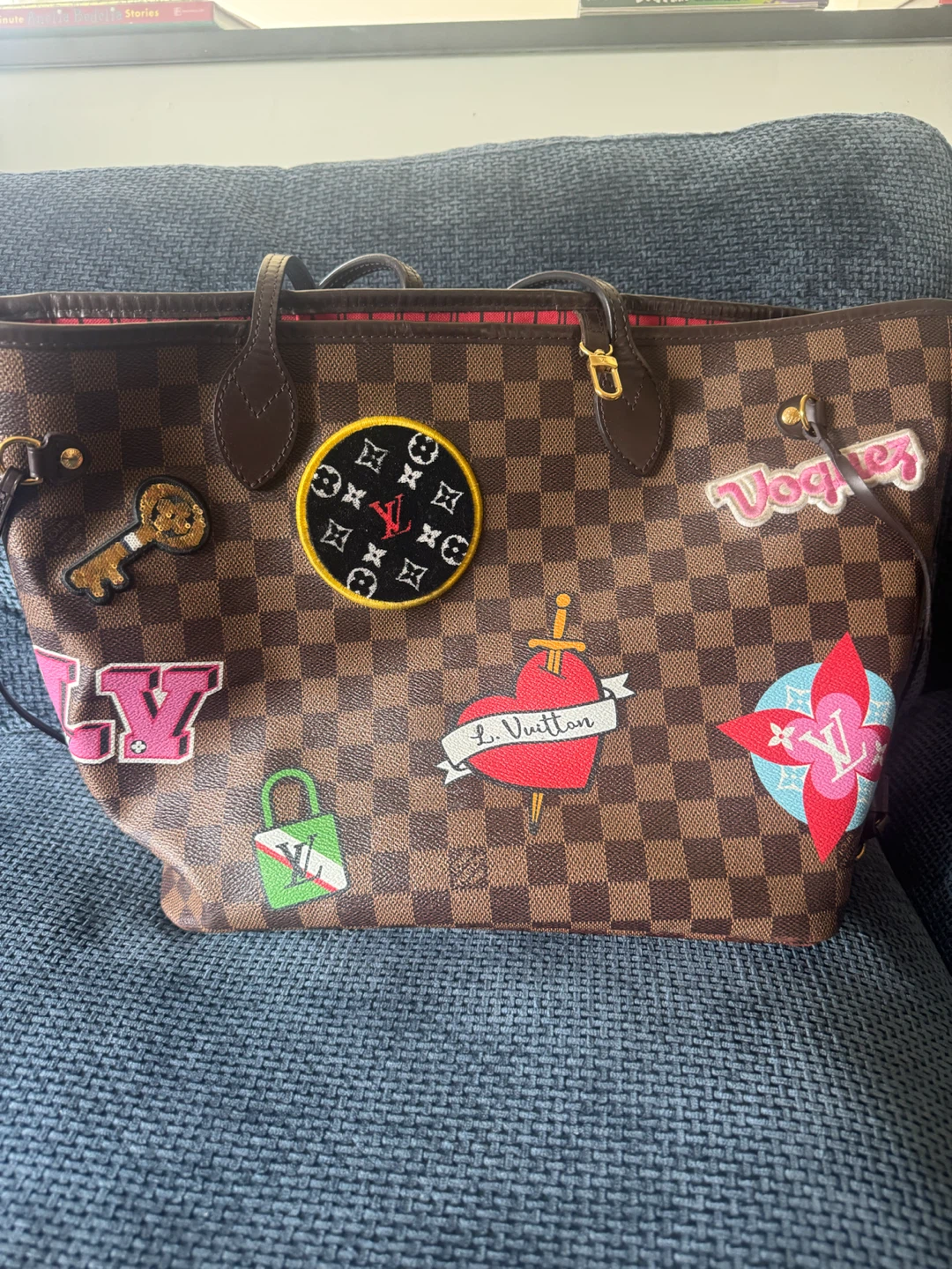 Louis Vuitton Neverfull Damier Ebene Tote Bag with Patches